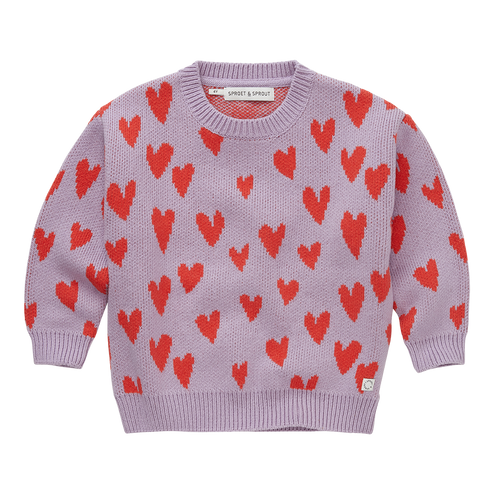 Lichtpaarse gebreide sweater met rode hartjes voor meisjes van Sprout & Sprout | Sweater Intarsia Hearts Lavender| A Cosmic Romance