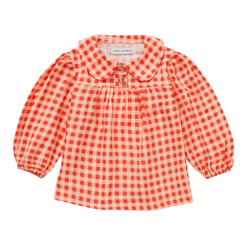 Oranjerode meisjesblouse met ruitjes en Peter Pan kraag uit de A Cosmic Romance collectie van Sproet & Sprout | Girls Check Blouse Grenadine