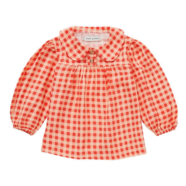 Oranjerode meisjesblouse met ruitjes en Peter Pan kraag uit de A Cosmic Romance collectie van Sproet & Sprout | Girls Check Blouse Grenadine