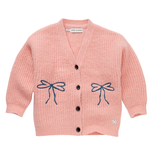 Gebreide meisjescardigan in lichtroze met strikjes – Sproet & Sprout | Girls Cardigan Bows Peach Parfait | A Cosmic Romance Collectie