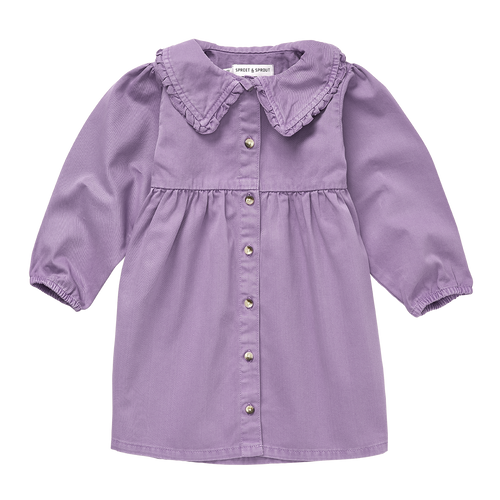 Denim kleedje in paars met knoopsluiting en pofmouwen – Sproet & Sprout. | Denim Dress Lavender uit de A Cosmic Romance Collectie