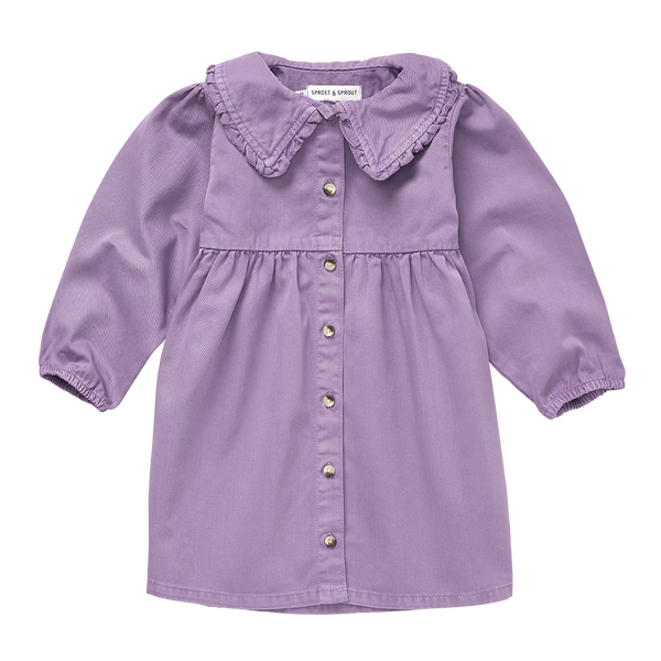 Denim kleedje in paars met knoopsluiting en pofmouwen – Sproet & Sprout. | Denim Dress Lavender uit de A Cosmic Romance Collectie