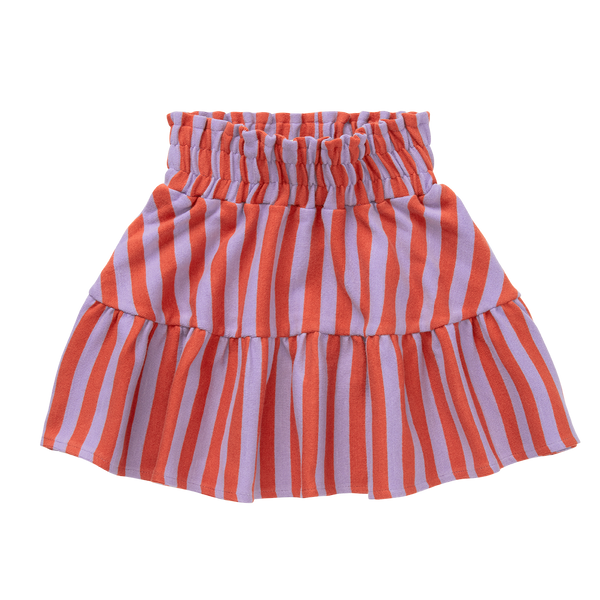 Rok met paarse en rode strepen uit de A Cosmic Romance collectie van Sproet & Sprout. | Smock Skirt Stripe Lavender