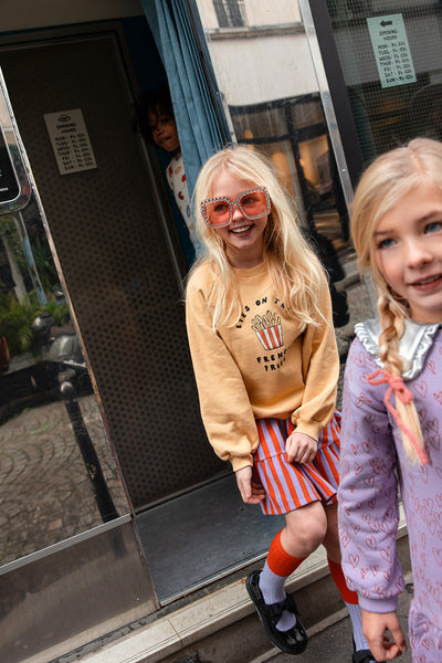 Rok met paarse en rode strepen uit de A Cosmic Romance collectie van Sproet & Sprout. | Smock Skirt Stripe Lavender