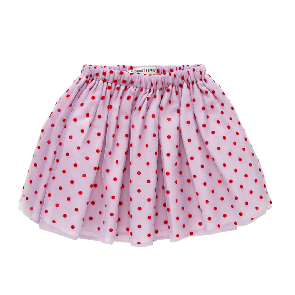 Lavendel tule rok met rode stippen en elastische tailleband van Sproet & Sprout | Tule Skirt Lavender | A Cosmic Romance collectie
