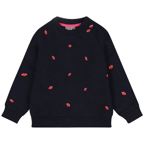 Donkerblauwe meisjes sweater van Tumble ’n Dry met geborduurde lipjes | Bisous sweater Navy Blazer van Tumble 'n Dry - verkrijgbaar bij Little Fashion Addict