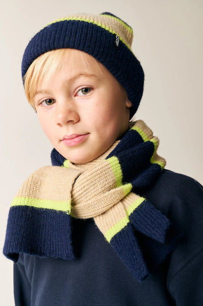 Donkerblauwe met beige en neon strepen  Laval muts en Brantford sjaal setje van Tumble ’n Dry voor kinderen | Laval muts & Brantford sjaal set van Tumble 'n Dry