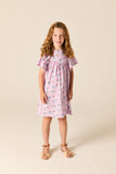 Lila jurkje van Wander & Wonder met bloemenprint en flutter mouwen voor meisjes. | Bryony Dress Lila disty | Verkrijgbaar bij Little Fashion Addict