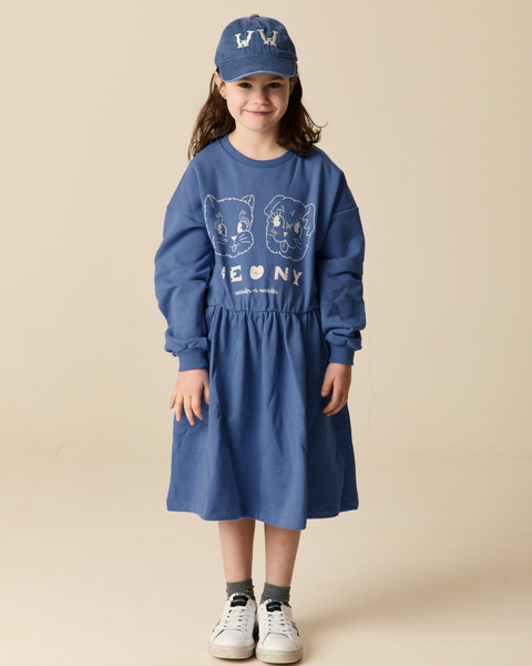 Blauw Dog and Cat Sweat Dress van Wander & Wonder | Ontdek Wander & Wonder bij Little Fashion Addict