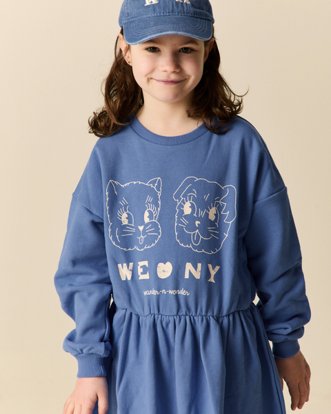Blauw Dog and Cat Sweat Dress van Wander & Wonder | Ontdek Wander & Wonder bij Little Fashion Addict