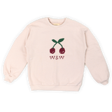 Ecru sweater voor meisjes van Wander & Wonder met kersenprint en W&W logo | Ontdek Wander & Wonder bij Little Fashion Addict
