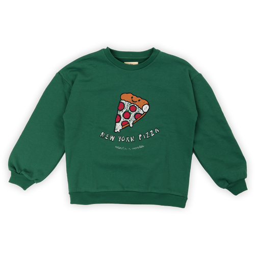 Groene Pizza sweatshirt van Wander & Wonder met vrolijke pizza-print op de borst, unisex voor jongens en meisjes.