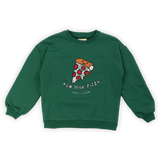 Groene Pizza sweatshirt van Wander & Wonder met vrolijke pizza-print op de borst, unisex voor jongens en meisjes.