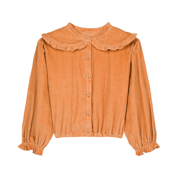 Corduroy blouse Clara in oranjetint met ruffles en knopen – We Are Kids