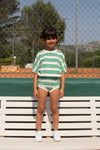 Combi Romy Terry Green Sporty Stripes | Jumpsuit met donkergroene strepen voor meisjes vanaf 4 jaar uit de collectie Mare e sole van We Are Kids. Verkrijgbaar bij Little Fashion Addict