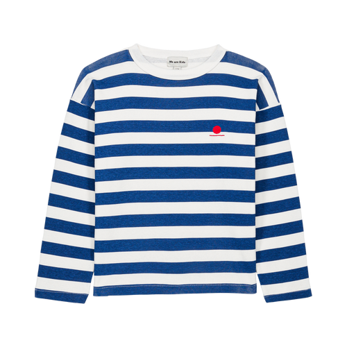 Blauw-wit gestreepte jongenssweater van We Are Kids met rood detail vooraan. | Sweat Tony Blue Stripes van We Are Kids