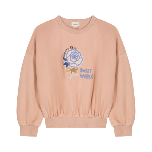 Lichtroze meisjessweater met 'Sweet World' print van We Are Kids | Verkrijgbaar bij Little Fashion Addict