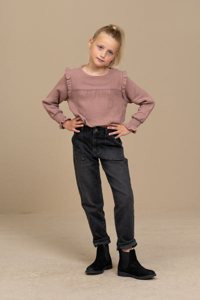 Little Fashion Addict - By-Bar - Girls fashion brand - Zwarte denim broek / Smiley Pant - Van 4 tot 12 jaar beschikbaar bij Little Fashion Addict